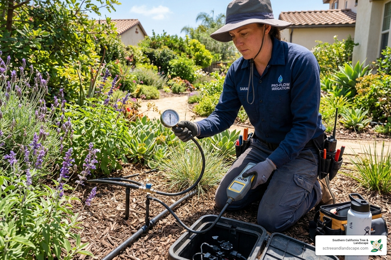 irrigation technician using professional diagnostic tools - drip irrigation system repair near me