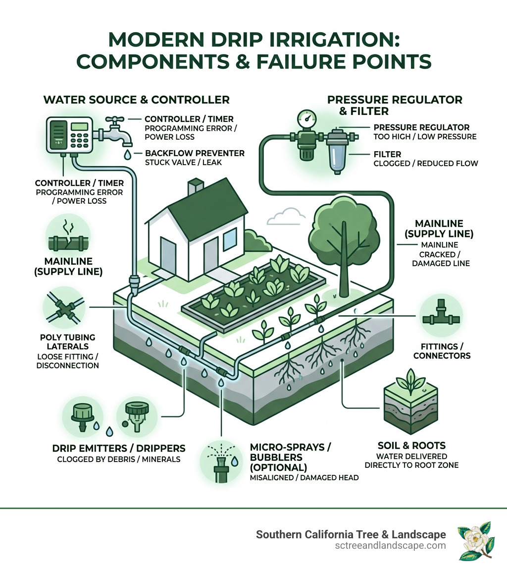 Components of a modern drip irrigation system with common failure points labeled - drip irrigation system repair near me