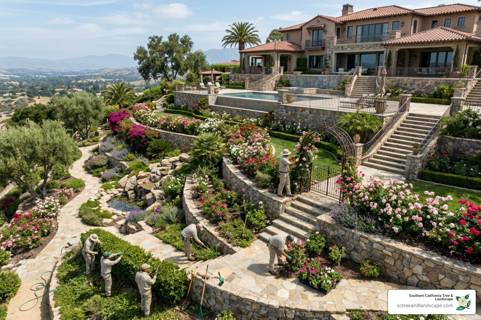 Large residential estate in Southern California requiring complex landscaping maintenance - gardening services near me prices
