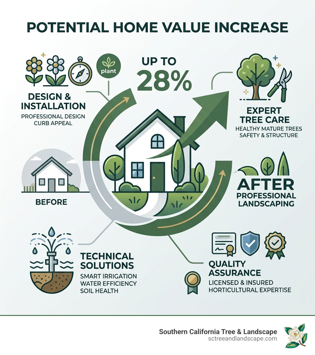 Infographic showing the 28% potential increase in home value from professional landscaping - gardening services near me