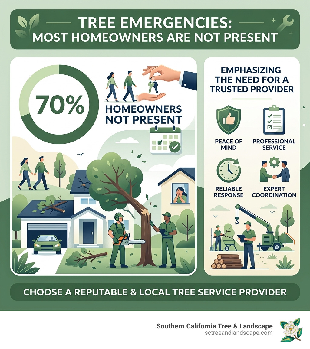 infographic showing that 70% of homeowners are not present when a tree emergency is serviced, emphasizing the need for a