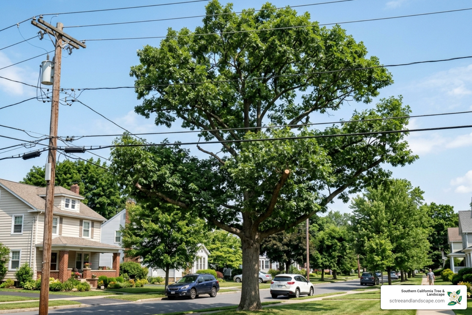 Tree canopy safely cleared from power lines using reduction techniques - tree crown reduction Tree canopy safely cleared from power lines using reduction techniques - tree crown reduction