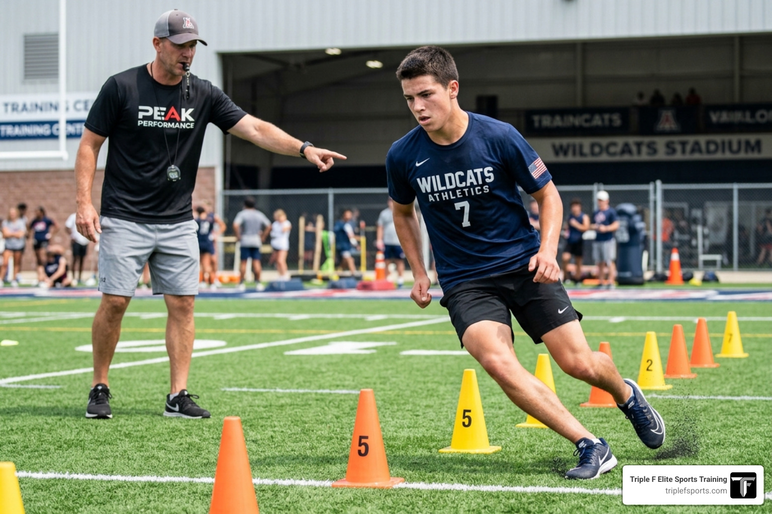 Youth athlete performing agility drills under the supervision of a trainer - sports medicine & training center Youth athlete performing agility drills under the supervision of a trainer - sports medicine & training center