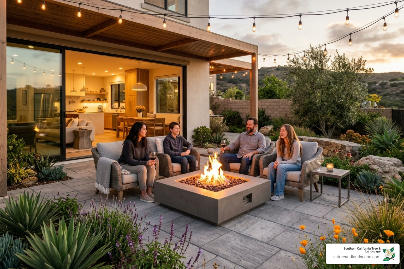 Modern paver patio with fire pit - custom landscape design