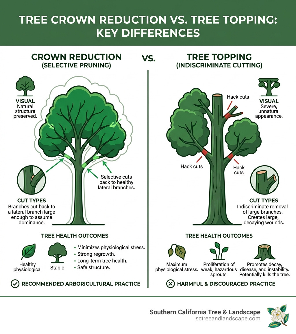 Crown reduction vs tree topping: visual difference, cut types, and tree health outcomes - tree crown reduction infographic Crown reduction vs tree topping: visual difference, cut types, and tree health outcomes - tree crown reduction infographic