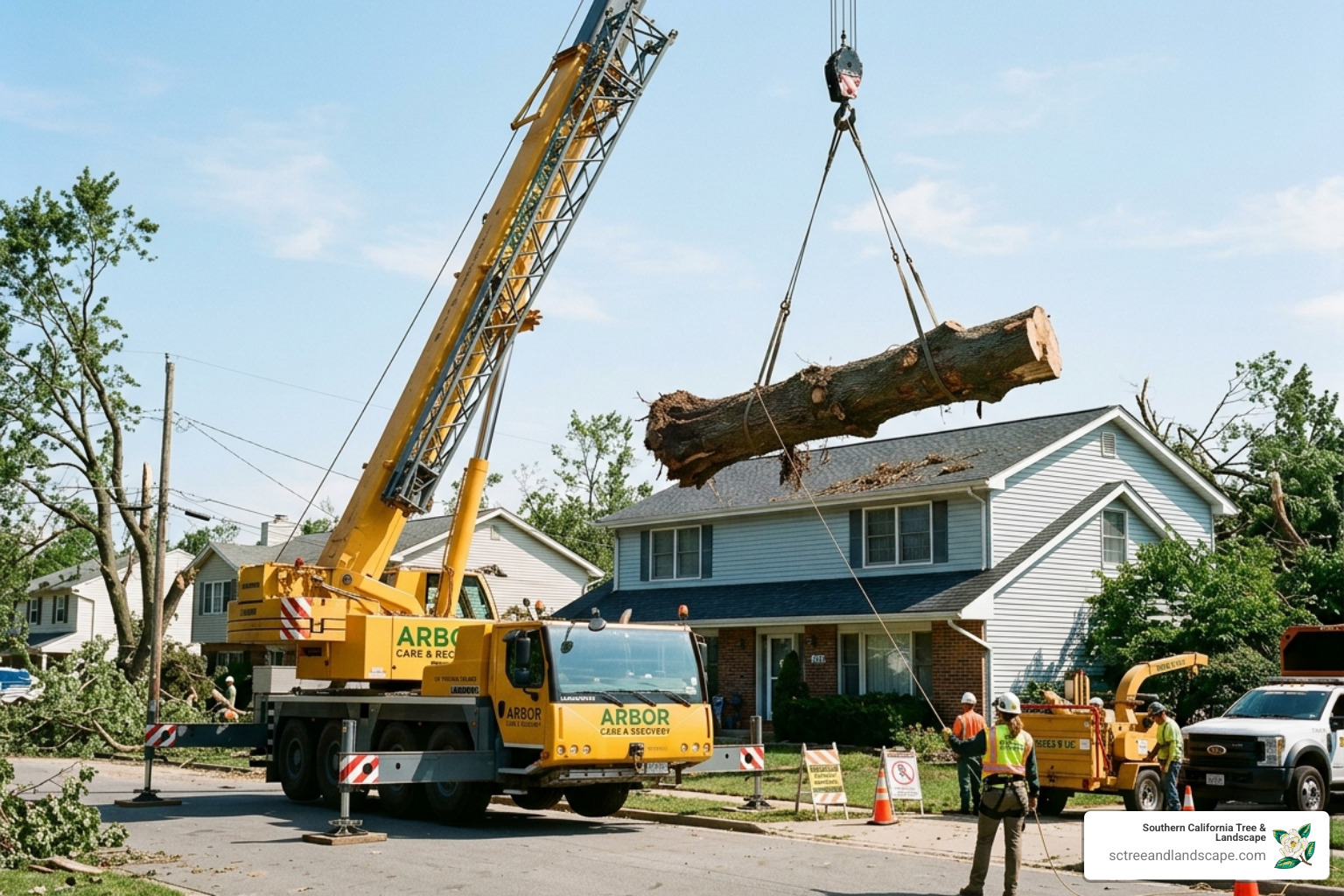 crane lifting a massive tree section over a house to avoid structural damage - emergency tree removal company