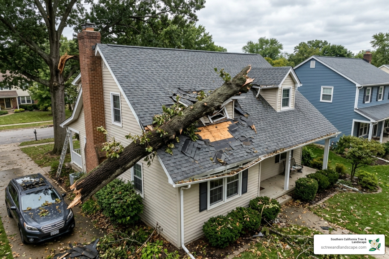 large oak limb resting on a residential roof after a storm - emergency tree removal company