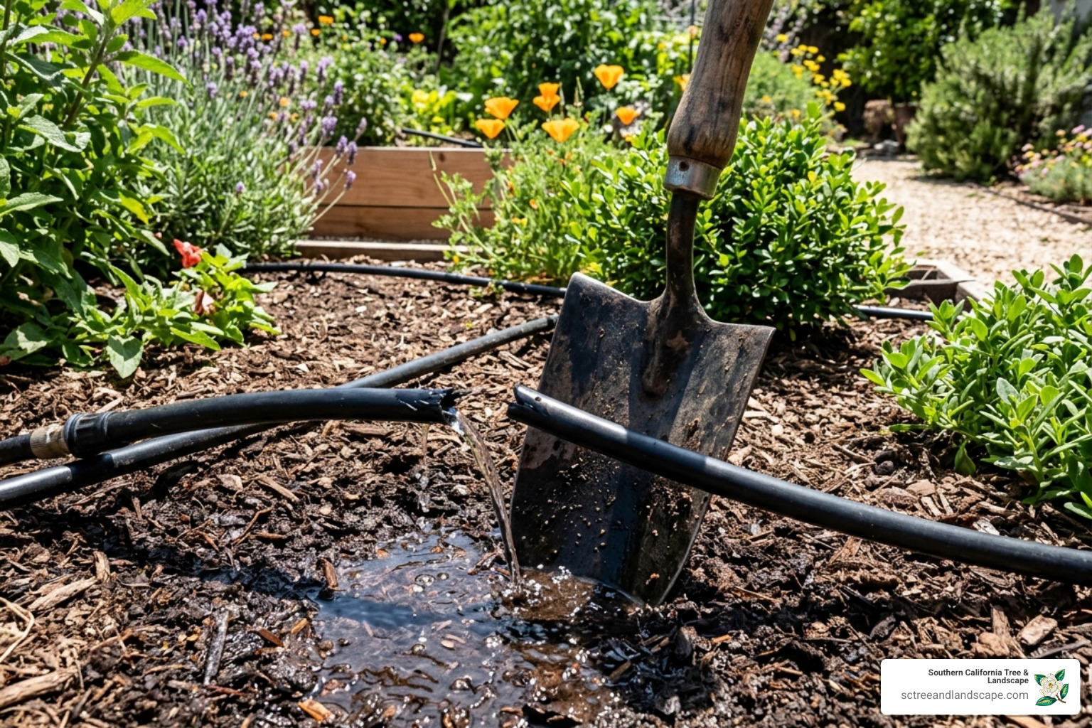 A garden shovel accidentally cutting through a black poly drip irrigation line - drip irrigation repair