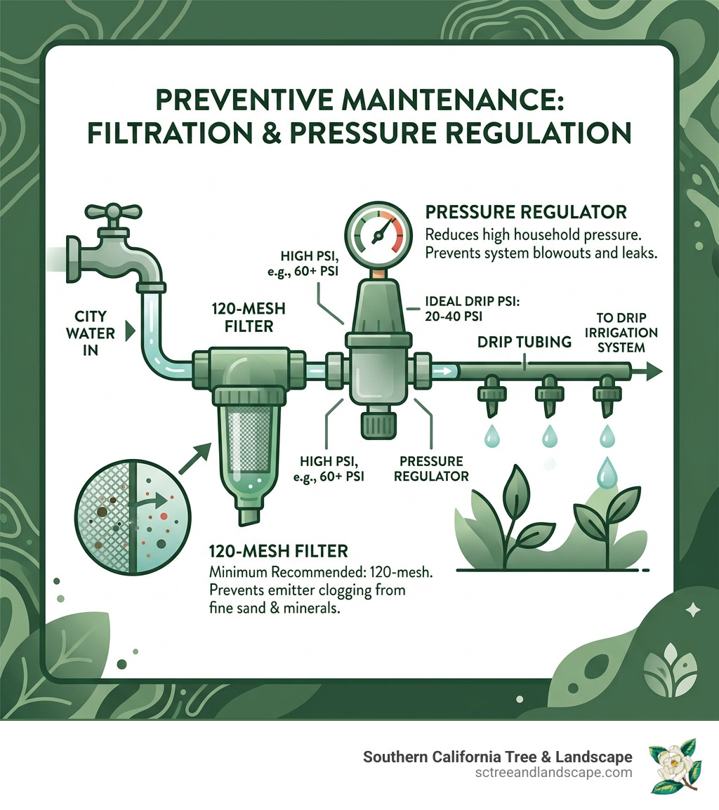 Infographic showing the 120-mesh filter and pressure regulator setup - drip irrigation repair infographic 