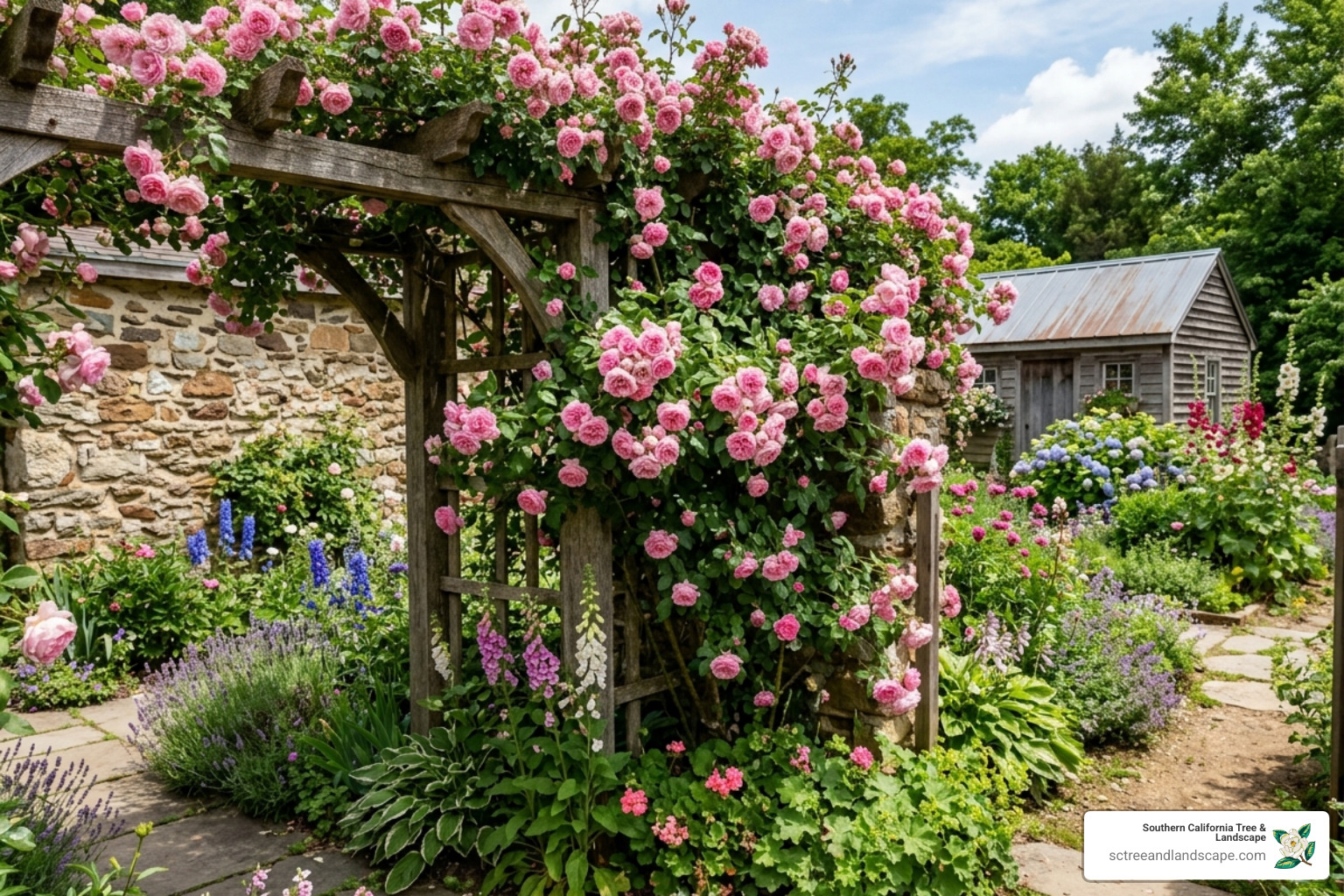 Climbing roses with pink blooms growing over a rustic wooden trellis against a garden wall - cottage garden design