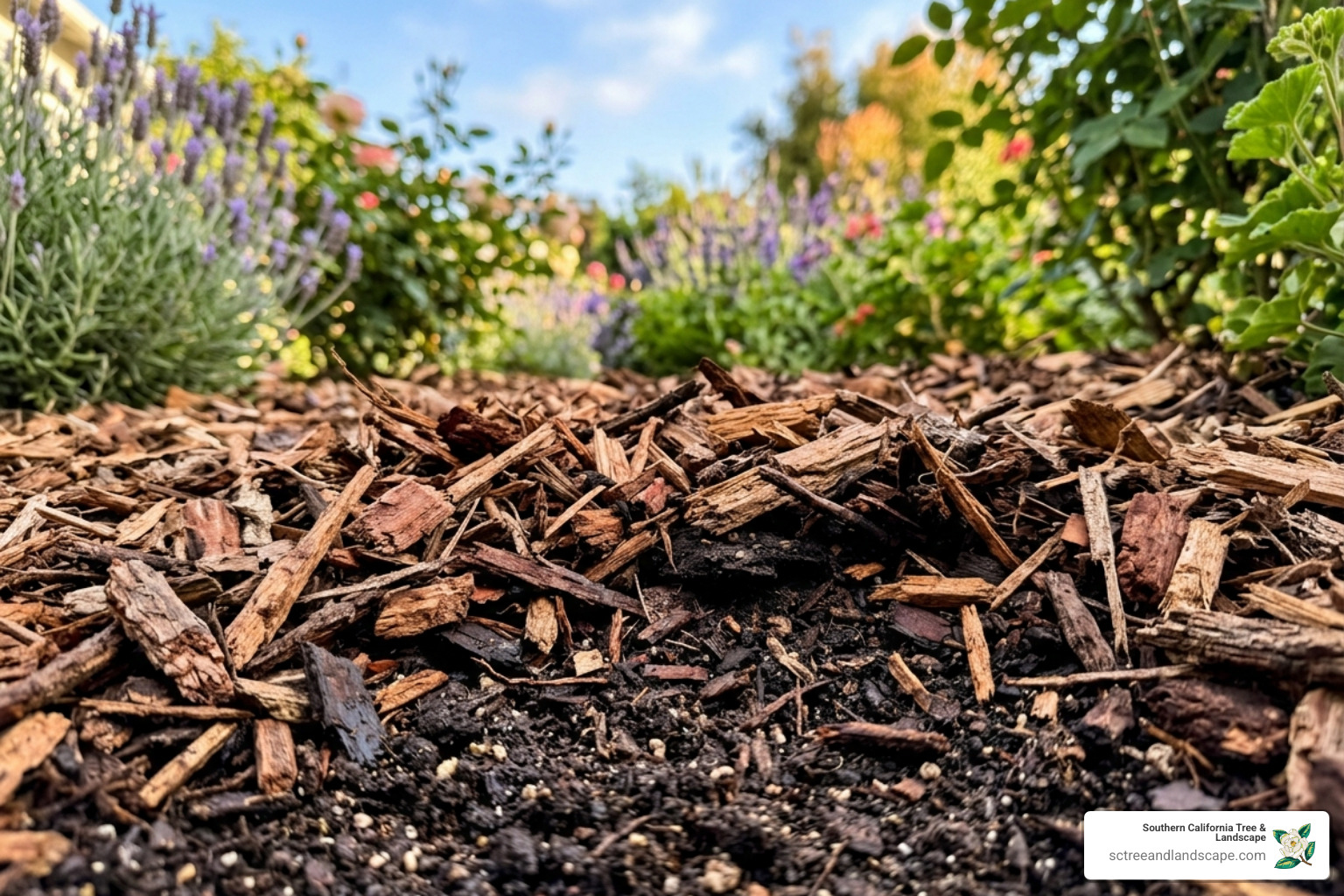 Close-up of rich, dark garden soil covered with a layer of organic wood chip mulch - cottage garden design