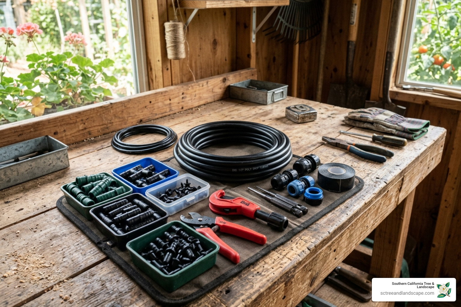 A portable drip irrigation repair kit featuring various fittings and tools - drip irrigation repair