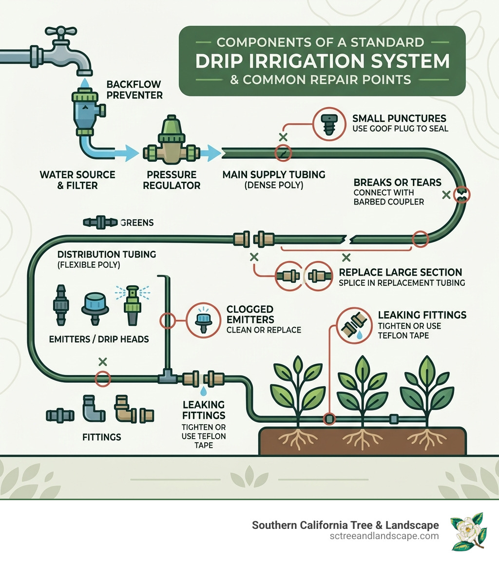 Components of a standard drip irrigation system and common repair points - drip irrigation repair infographic 