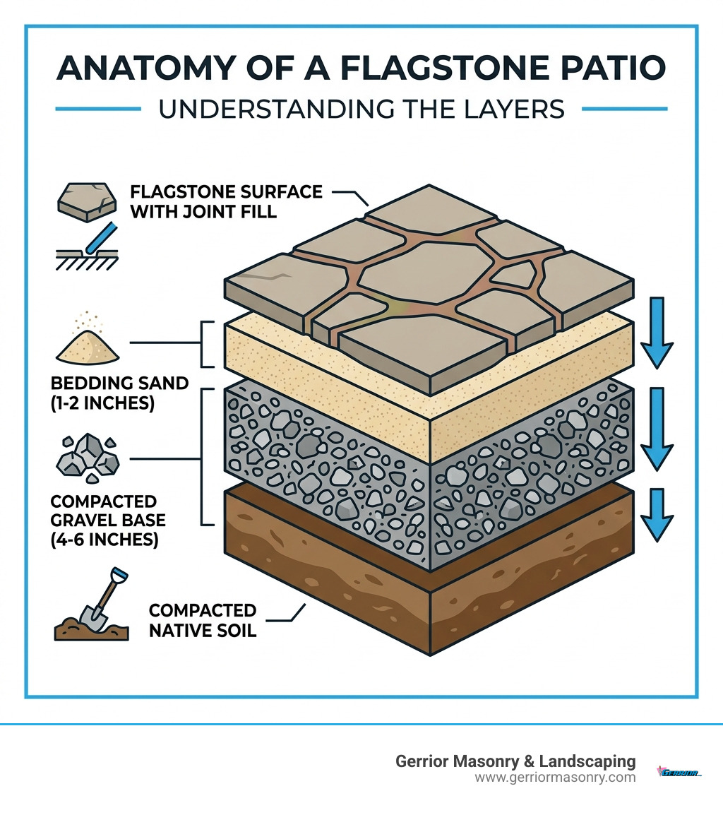 Infographic showing flagstone patio layers: compacted soil, gravel base, bedding sand, and flagstone surface with joint fill