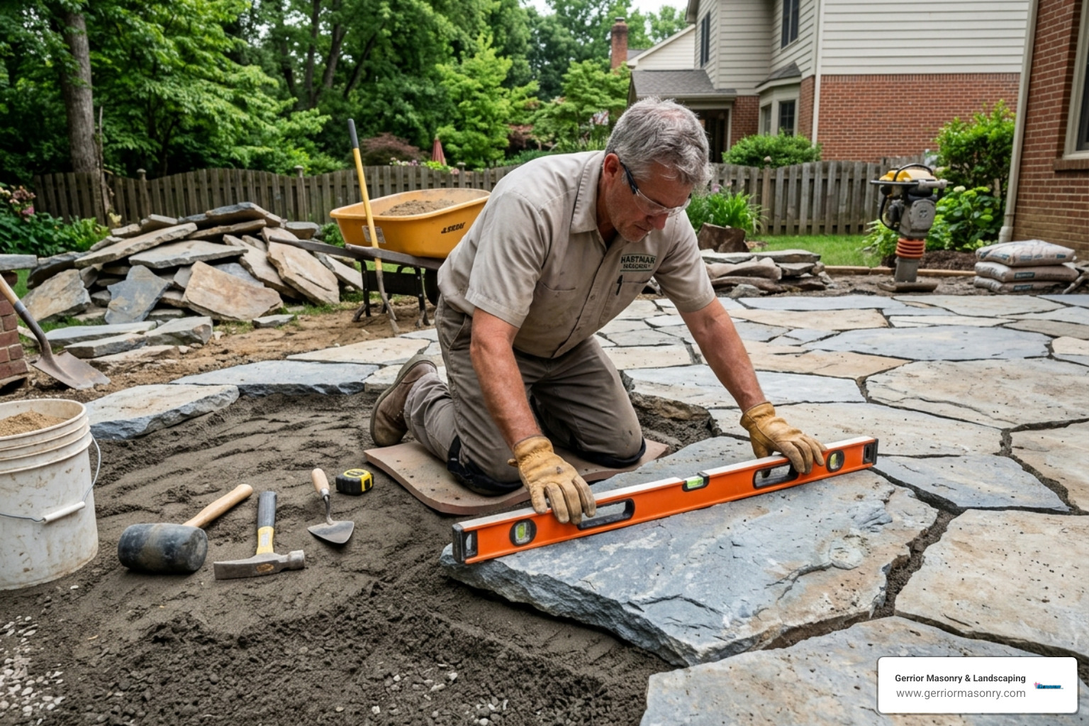 mason leveling a large irregular flagstone - flagstone patio construction