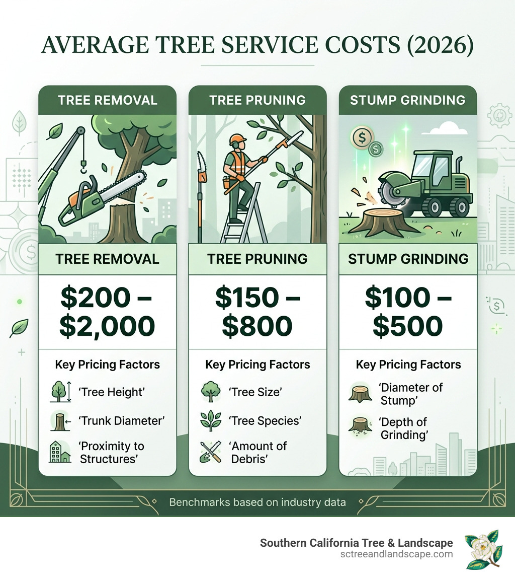 Table comparing average tree service costs for removal, pruning, and stump grinding - local tree service companies