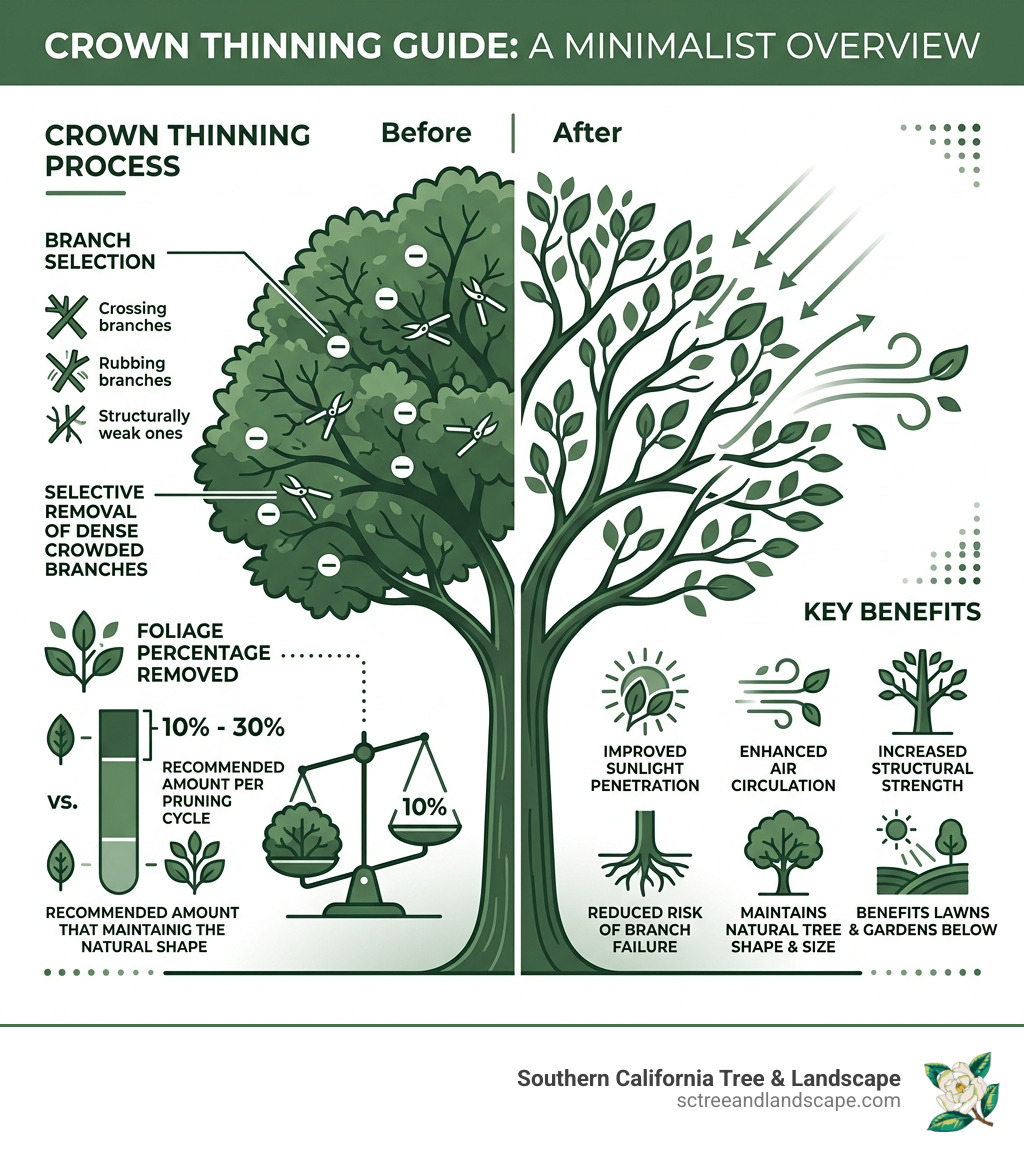 Infographic showing crown thinning process: branch selection, foliage percentage removed, and benefits - crown thinning tree