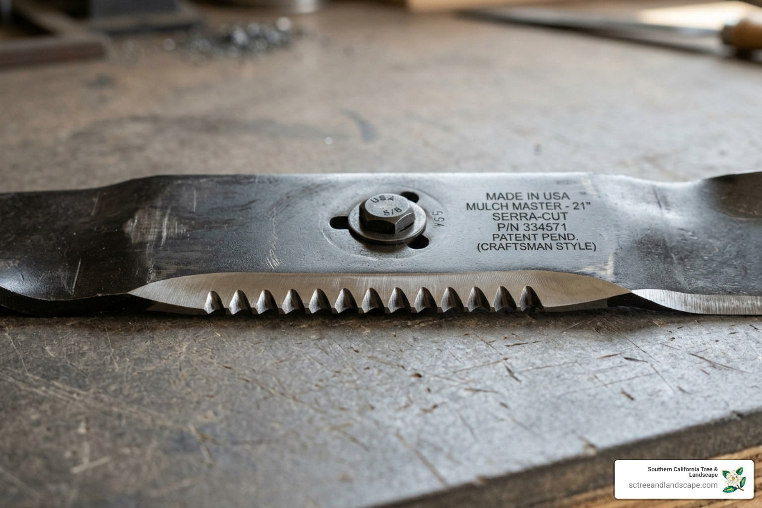A close up of a sharp lawn mower blade - gardening and lawn care