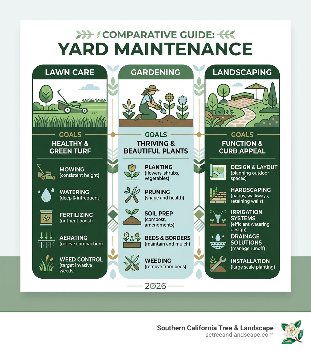 Infographic comparing lawn care vs landscaping vs gardening tasks and goals - gardening and lawn care infographic 