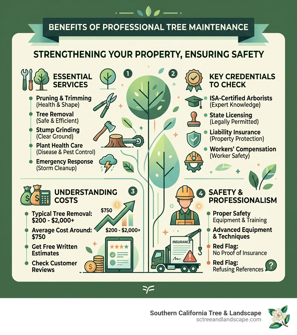 Benefits of professional tree maintenance infographic showing services, credentials, costs, and safety tips - local tree