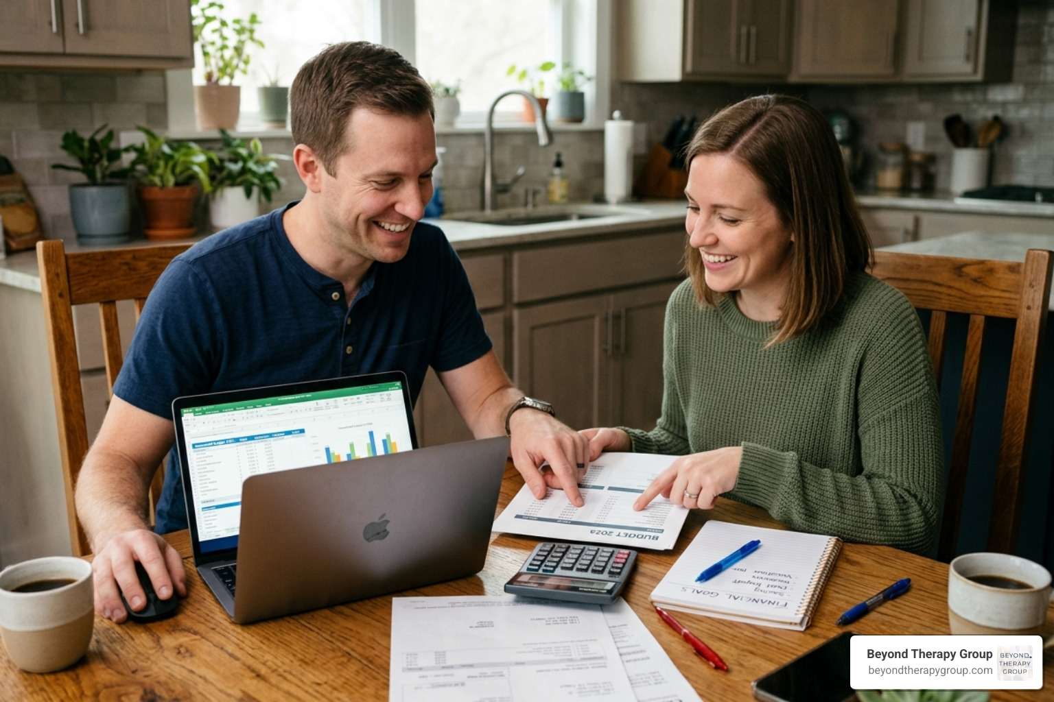 A couple sitting at a table discussing their household budget and financial goals - relationship boundaries list A couple sitting at a table discussing their household budget and financial goals - relationship boundaries list