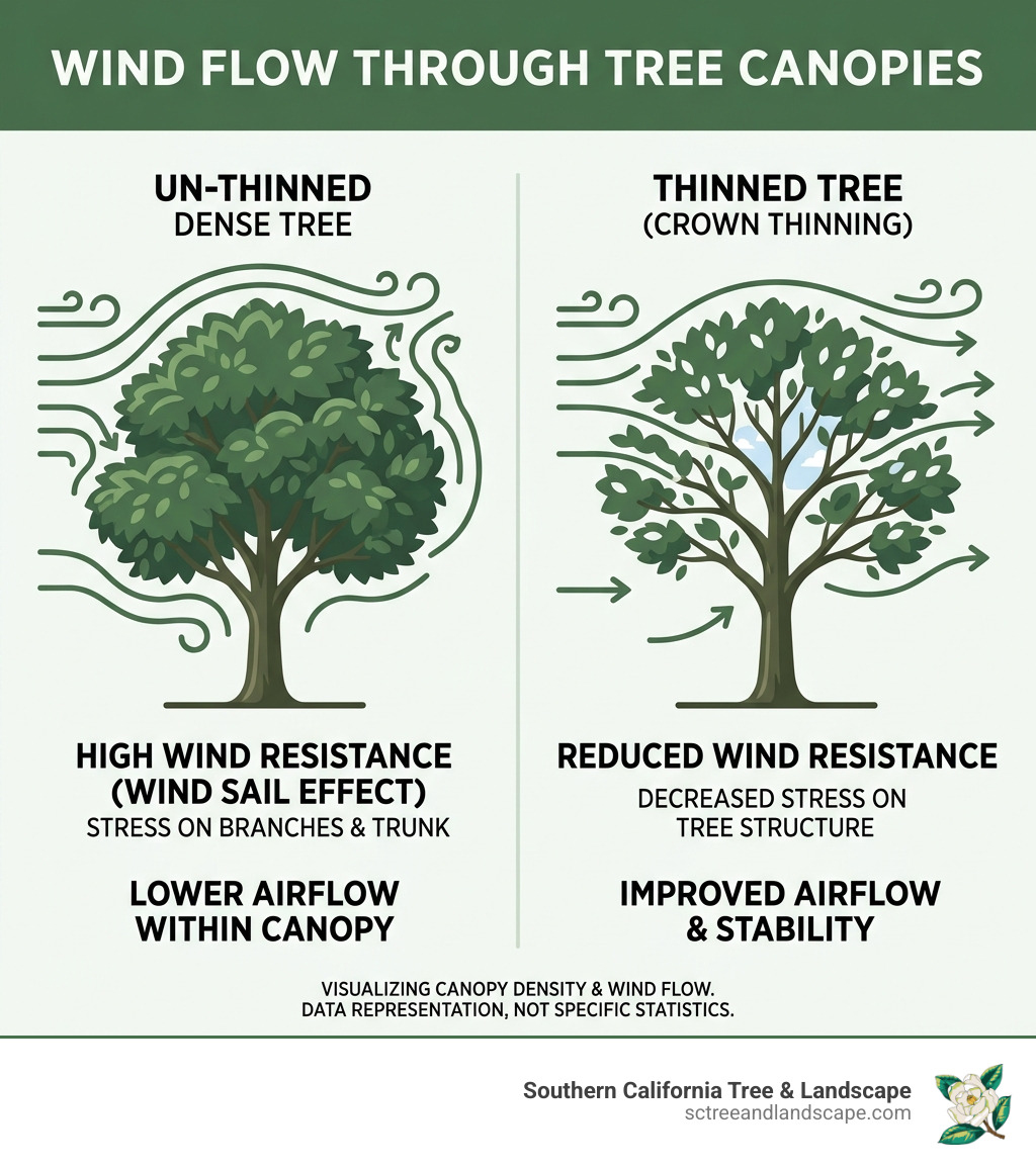 Infographic showing wind flow through a thinned tree vs. a dense tree - crown thinning tree infographic 