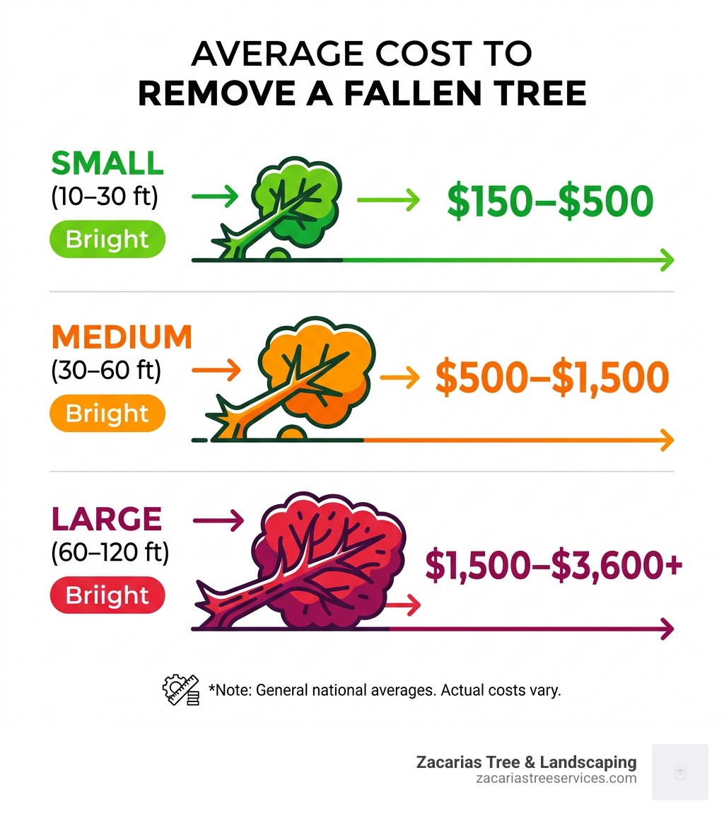 Infographic showing average cost to remove a fallen tree by size, from small 150-500 to large 1500-3600 plus - average cost Infographic showing average cost to remove a fallen tree by size, from small 150-500 to large 1500-3600 plus - average cost