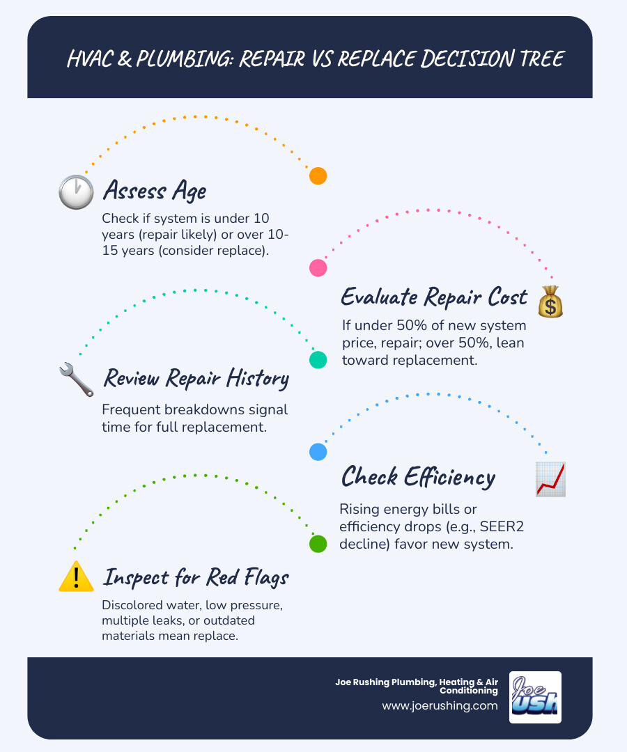 Repair vs replace HVAC and plumbing decision tree infographic for homeowners - when to repair vs replace your hvac or