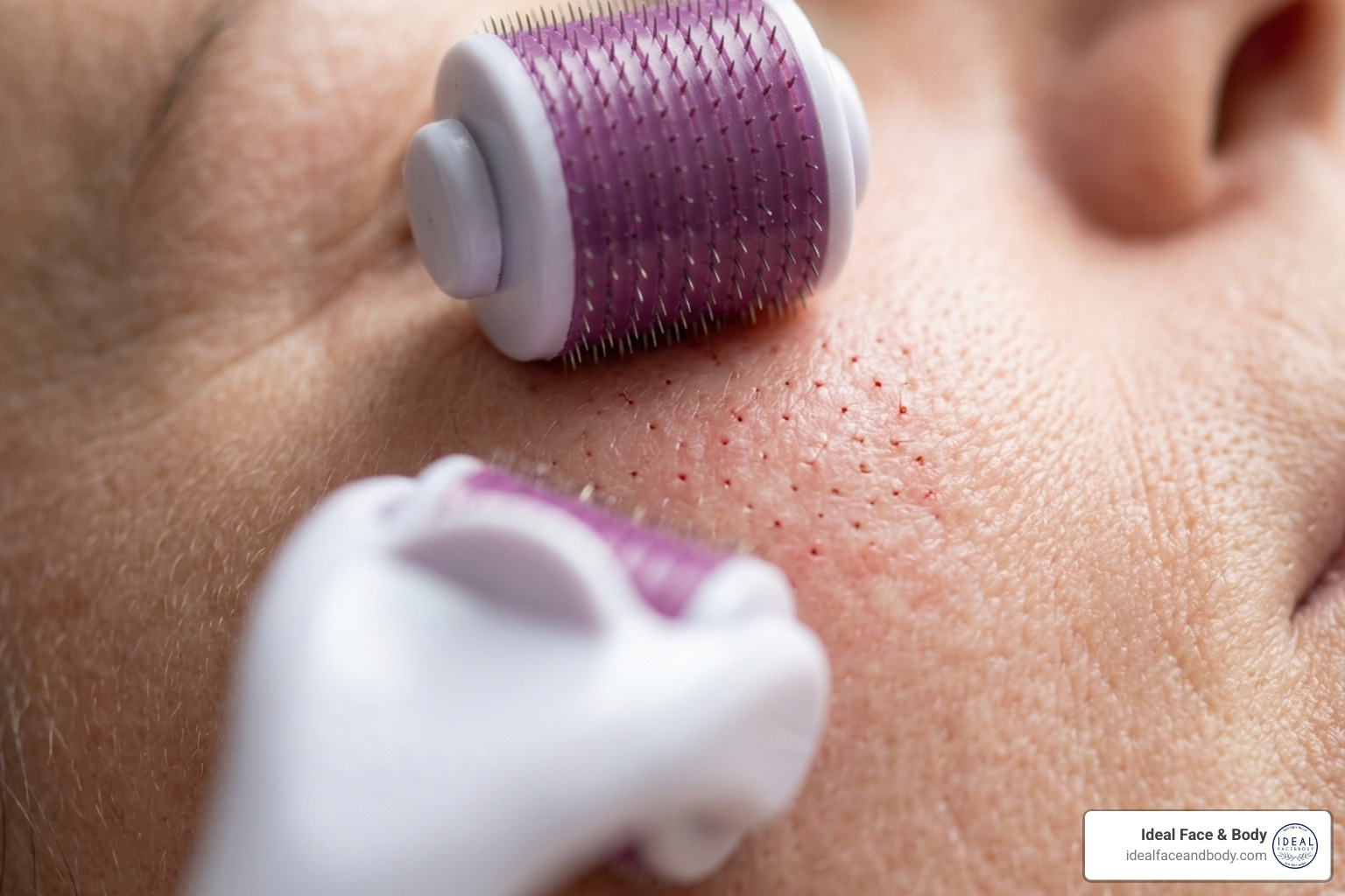 Close up of micro-channels being created in the skin by a derma roller - derma roller for face Close up of micro-channels being created in the skin by a derma roller - derma roller for face