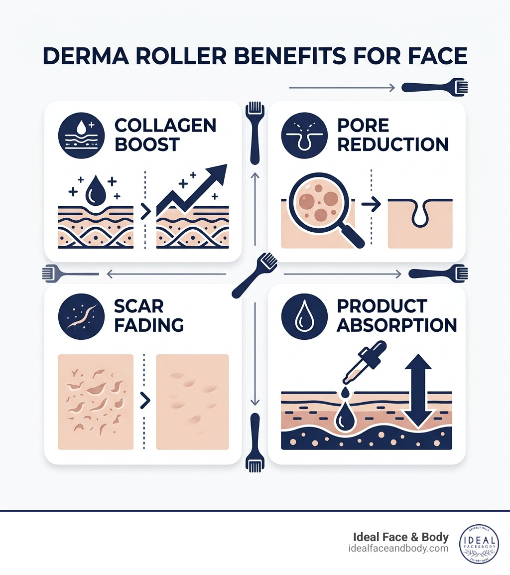 Infographic showing derma roller benefits: collagen boost, pore reduction, scar fading, product absorption - derma roller Infographic showing derma roller benefits: collagen boost, pore reduction, scar fading, product absorption - derma roller