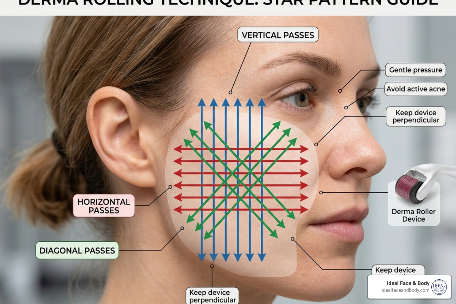 Diagram showing the star pattern for rolling: vertical, horizontal, and diagonal passes - derma roller for face Diagram showing the star pattern for rolling: vertical, horizontal, and diagonal passes - derma roller for face