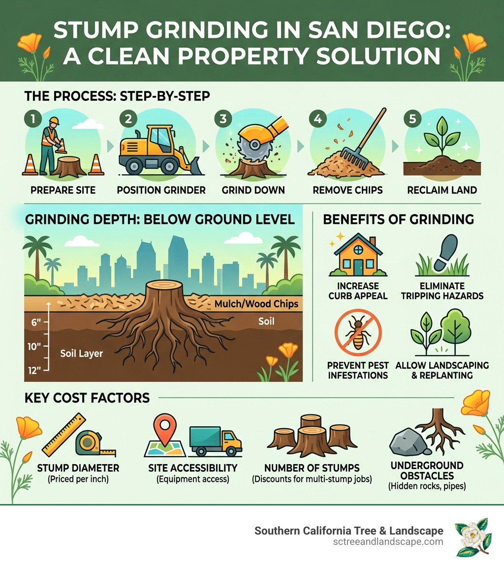 Infographic showing stump grinding process steps, depth, benefits, and cost factors for San Diego properties - stump Infographic showing stump grinding process steps, depth, benefits, and cost factors for San Diego properties - stump