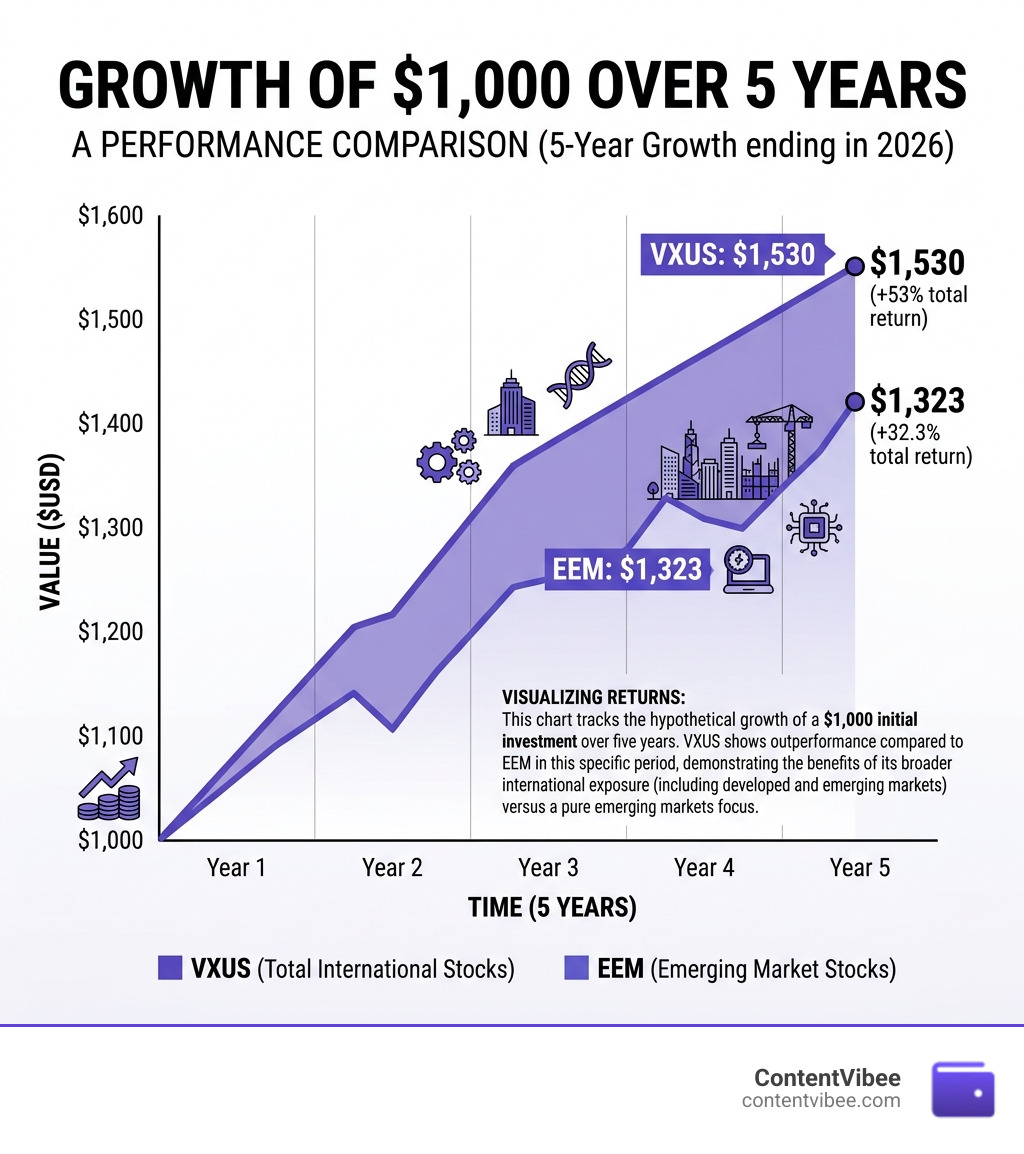 Infographic showing growth of $1,000 over 5 years: VXUS at $1,530 vs EEM at $1,323 - VXUS ETF International Exposure Risk
