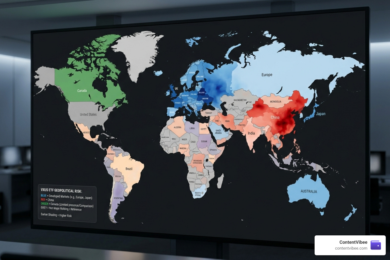 Geopolitical risk map highlighting major regions in VXUS: Europe, China, and North America - VXUS ETF International Exposure