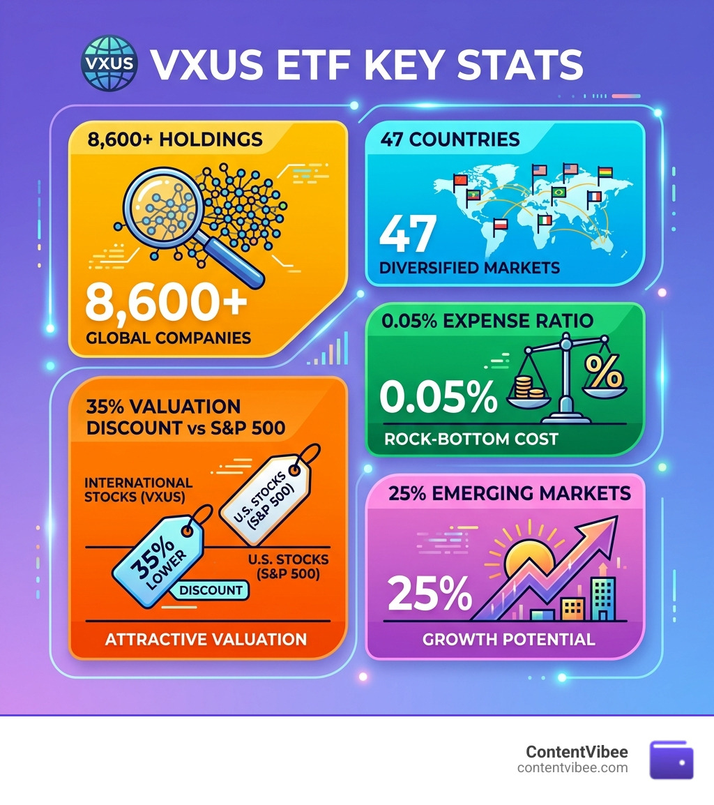 Infographic showing VXUS key stats: 8600 holdings, 47 countries, 0.05% expense ratio, 35% valuation discount vs S&P 500, 25%