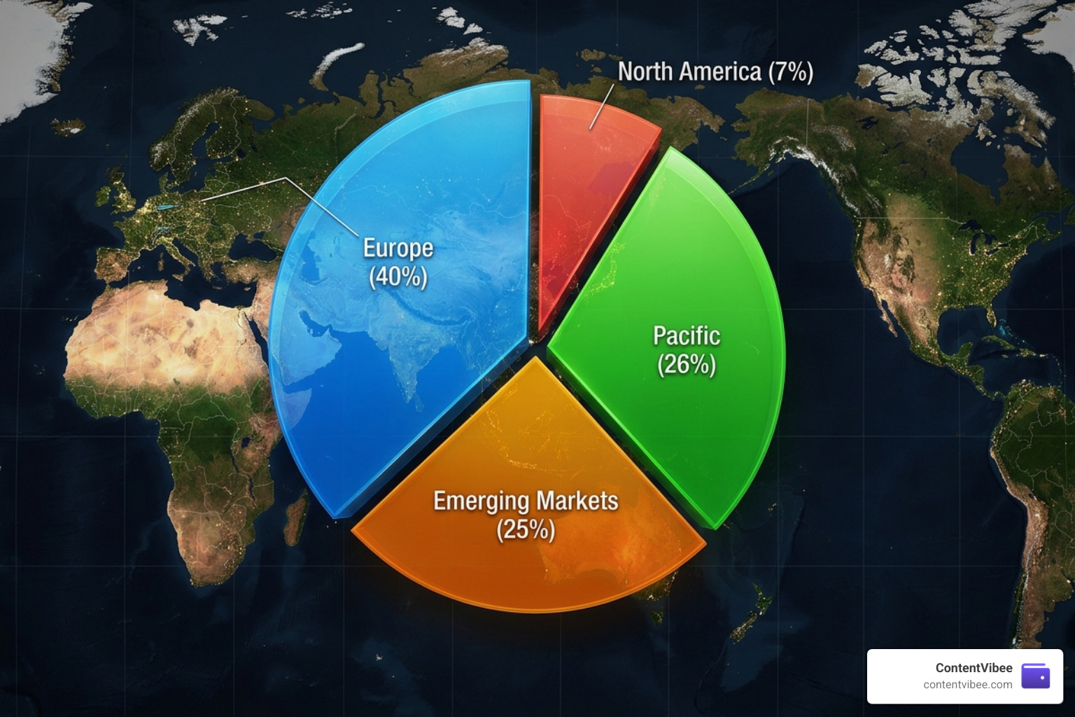 Regional allocation chart showing Europe 40%, Pacific 26%, Emerging Markets 25%, North America 7% - VXUS ETF International