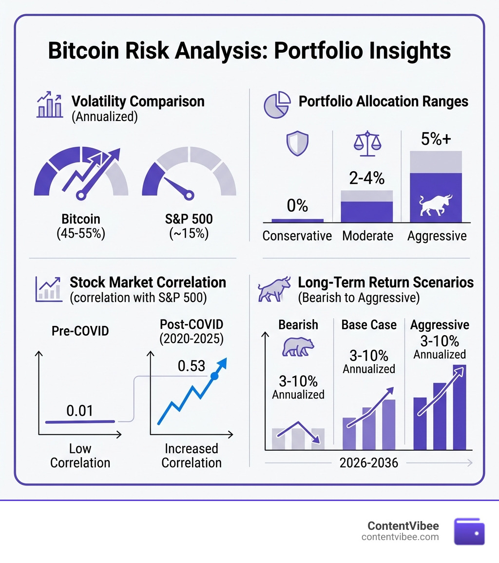 Bitcoin risk analysis infographic showing volatility, allocation ranges, correlation, and return scenarios - Bitcoin