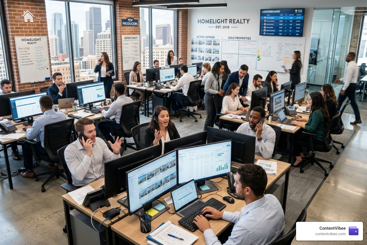 A high-energy brokerage bullpen with young professionals on phones and analyzing data - Matthews Real Estate Investment