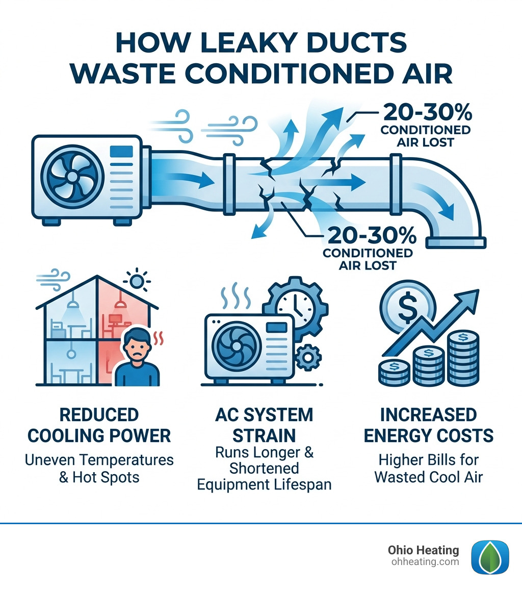 Infographic showing how leaky ducts waste 20-30% of conditioned air and impact AC efficiency - ductwork and piping repair Infographic showing how leaky ducts waste 20-30% of conditioned air and impact AC efficiency - ductwork and piping repair