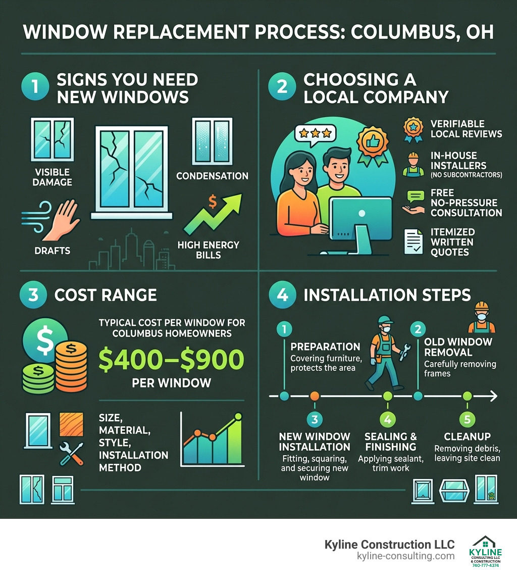Window replacement process infographic: signs you need new windows, choosing a company, cost range, and installation steps
