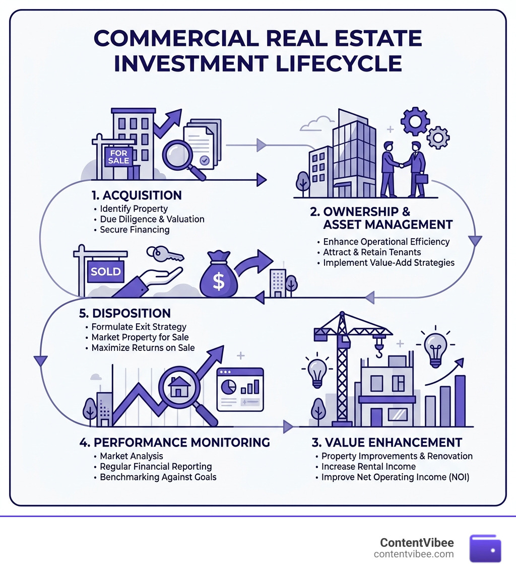 Commercial real estate investment lifecycle infographic from acquisition to disposition showing key stages - what is