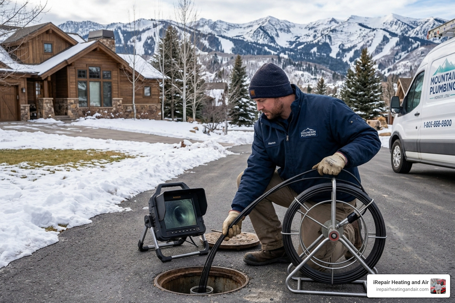 Professional plumber performing a sewer camera inspection on a Park City property - park city drain warranty service