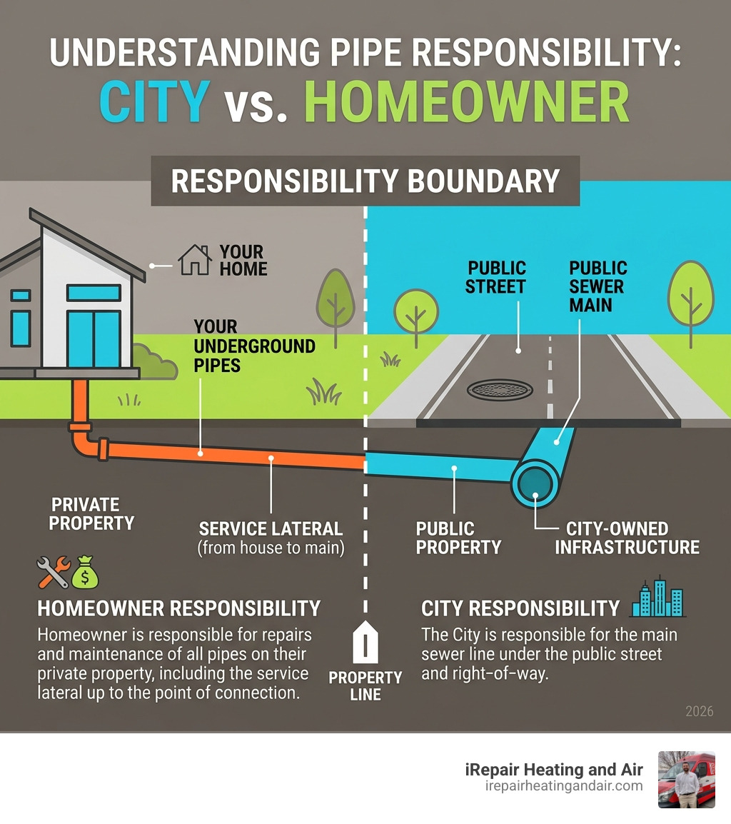Infographic showing city vs. homeowner pipe responsibility boundary at the property line - park city drain warranty service