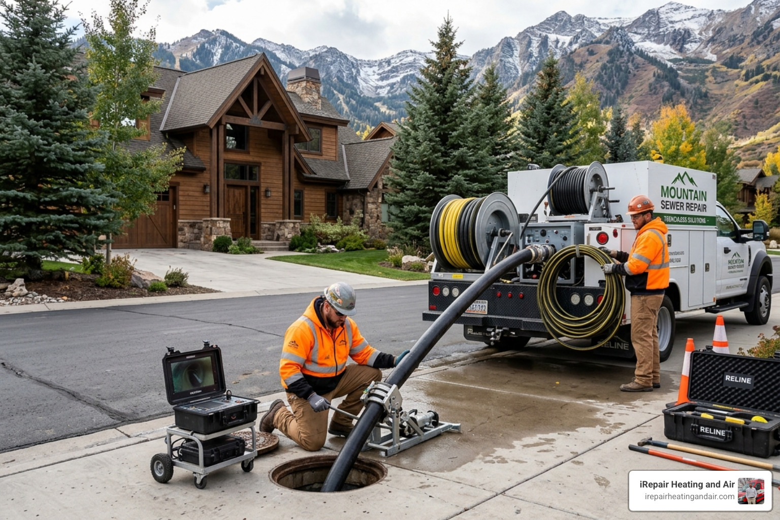 Modern trenchless sewer repair equipment being used to fix a pipe without digging - park city drain warranty service