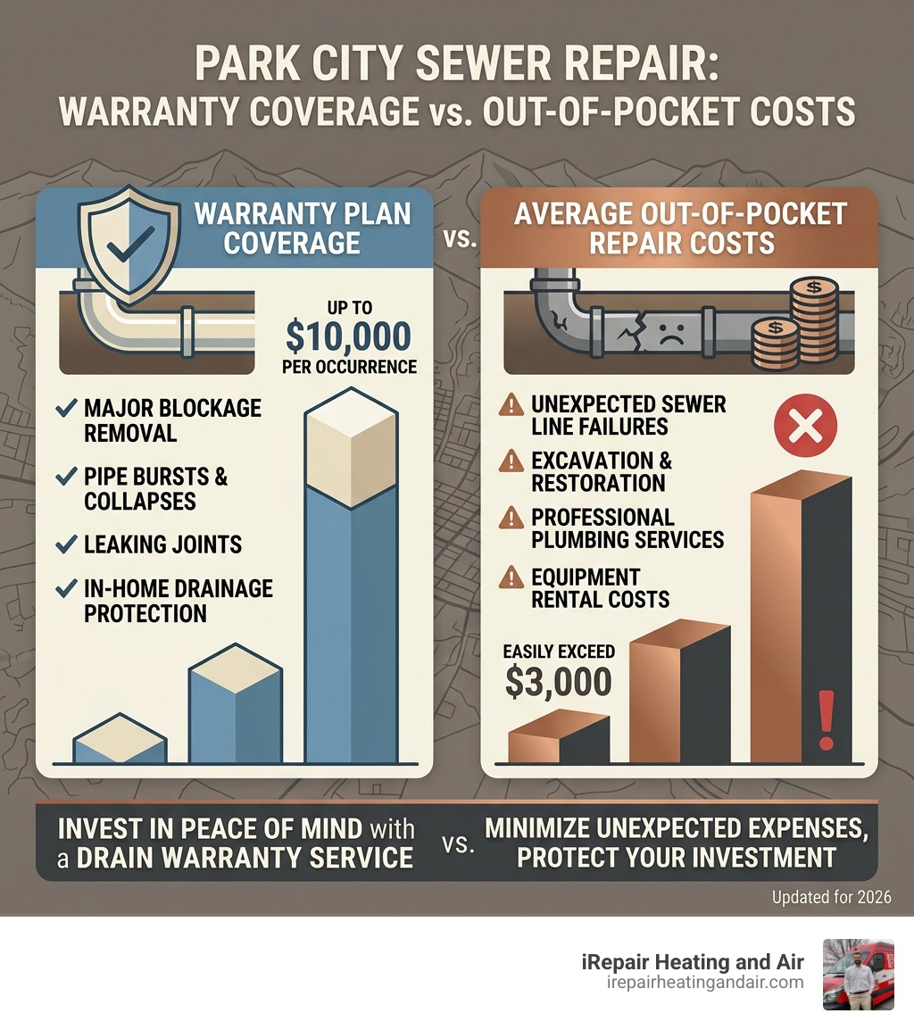 Infographic comparing warranty coverage limits versus average out-of-pocket costs for sewer repairs - park city drain