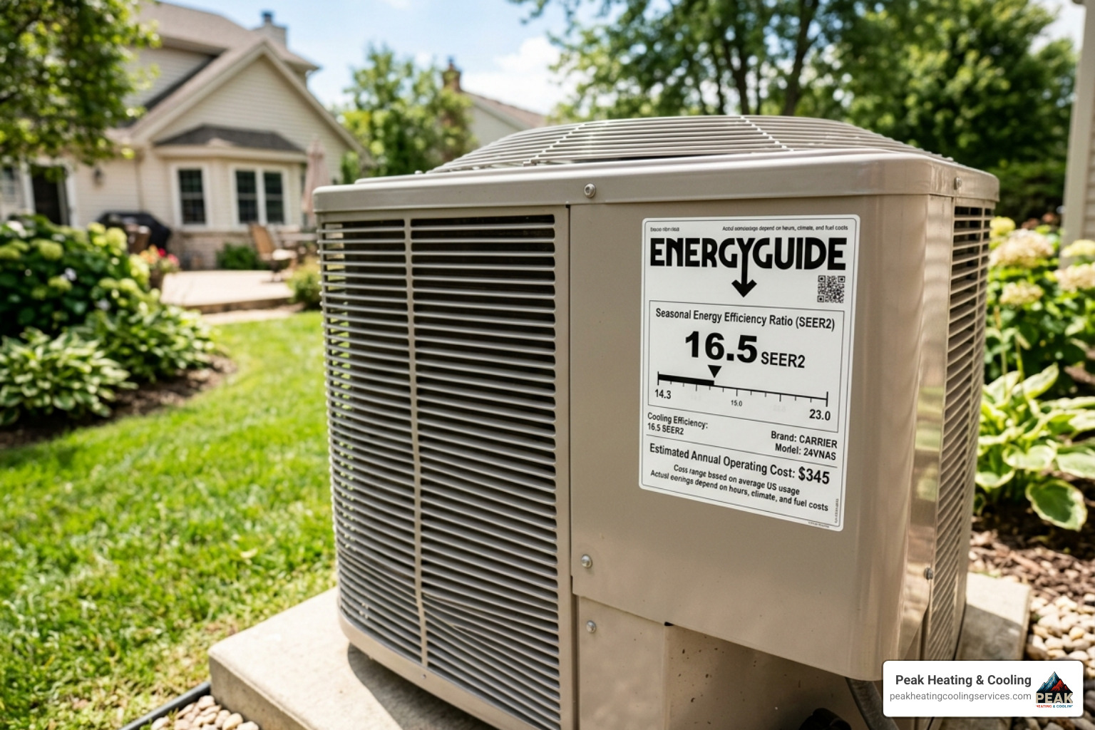 A close-up of a SEER2 efficiency rating label on a modern air conditioning unit installed in a residential backyard - energy