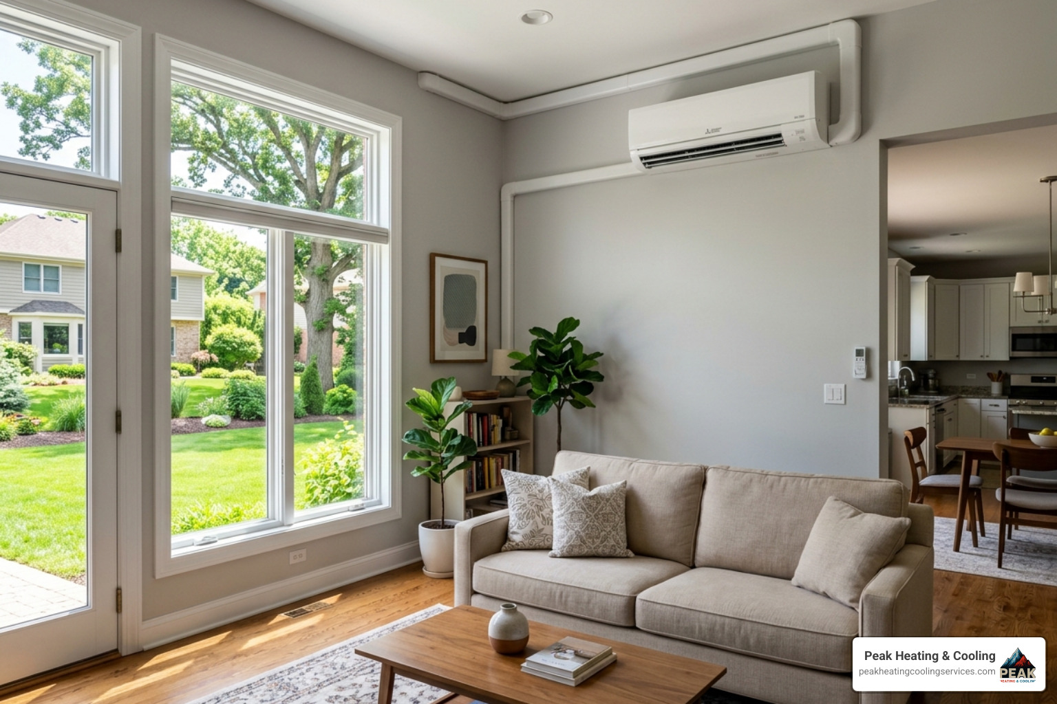 A sleek white ductless mini-split air conditioning unit mounted high on a wall in a Northbrook home interior - energy star