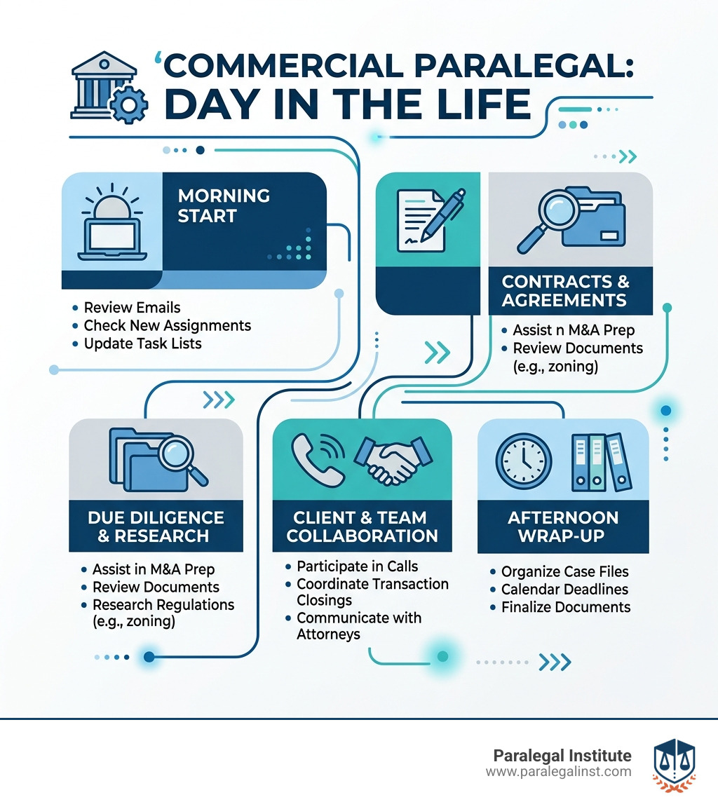 Infographic showing a day in the life of a commercial paralegal: morning starts with reviewing overnight emails and contract markups, mid-morning involves drafting amendments to vendor agreements and updating corporate minute books, afternoon includes coordinating with attorneys on M&A due diligence and conducting legal research on zoning regulations, late afternoon features client calls and transaction closing coordination, and day ends with organizing files and calendaring upcoming deadlines - commercial paralegal job description infographic 