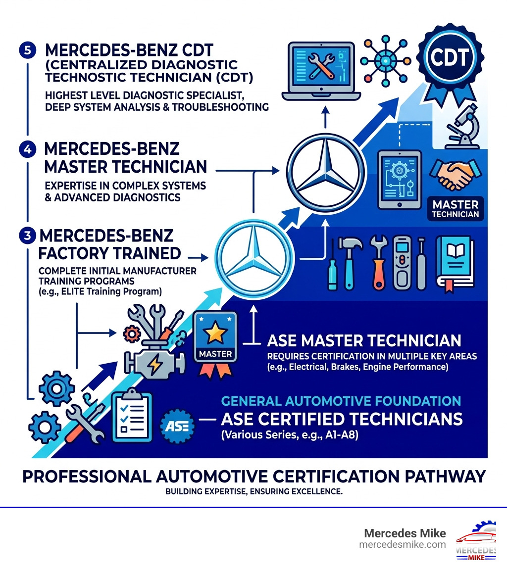 Hierarchy of automotive certifications from general ASE to Mercedes-Benz Master Technician and CDT - certified mercedes-benz