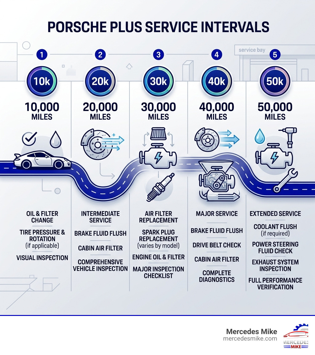 Porsche Plus service intervals infographic from 10,000 miles to 50,000 miles across five service tiers - porsche service Porsche Plus service intervals infographic from 10,000 miles to 50,000 miles across five service tiers - porsche service